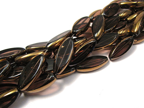 Glasperle Barock mit Bronzerand, Olive, amethyst, 30x10mm